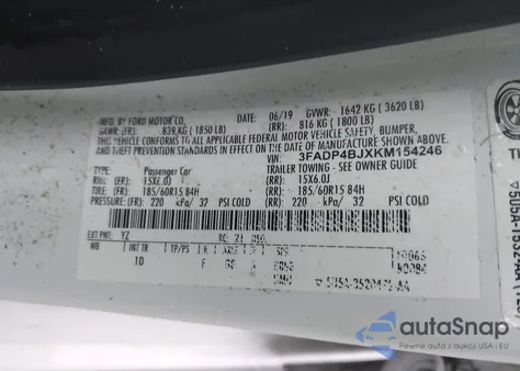 2019 Ford Fiesta Se из США, поврежденный, VIN 3FADP4BJXKM154246